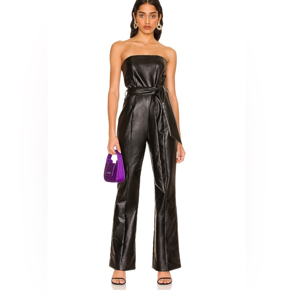 MAJORELLE Black Strapless Leather Jumpsuit